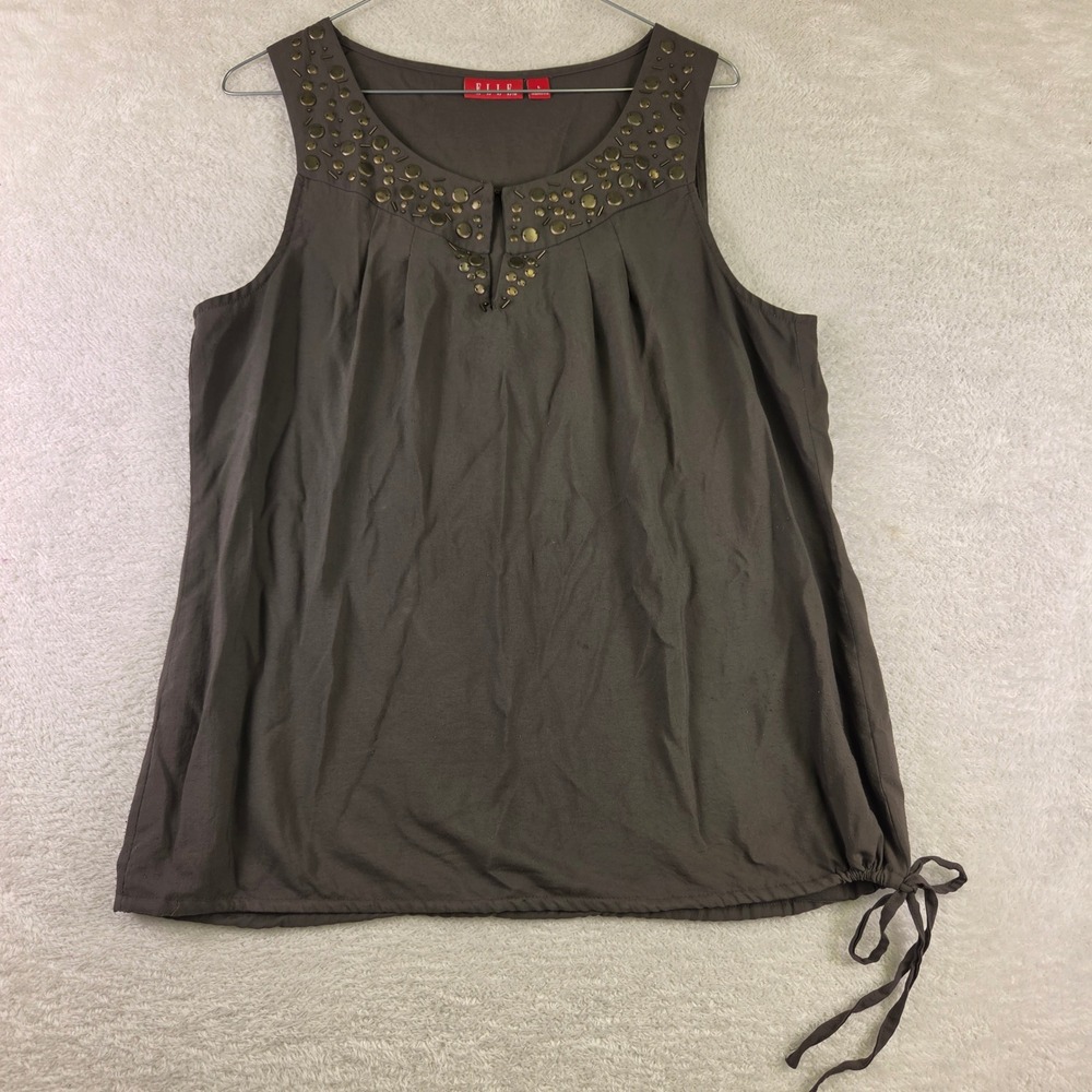 Elle Womens Sleeveless Studded Neckline Blouse Brown Large Keyhole Drawstring